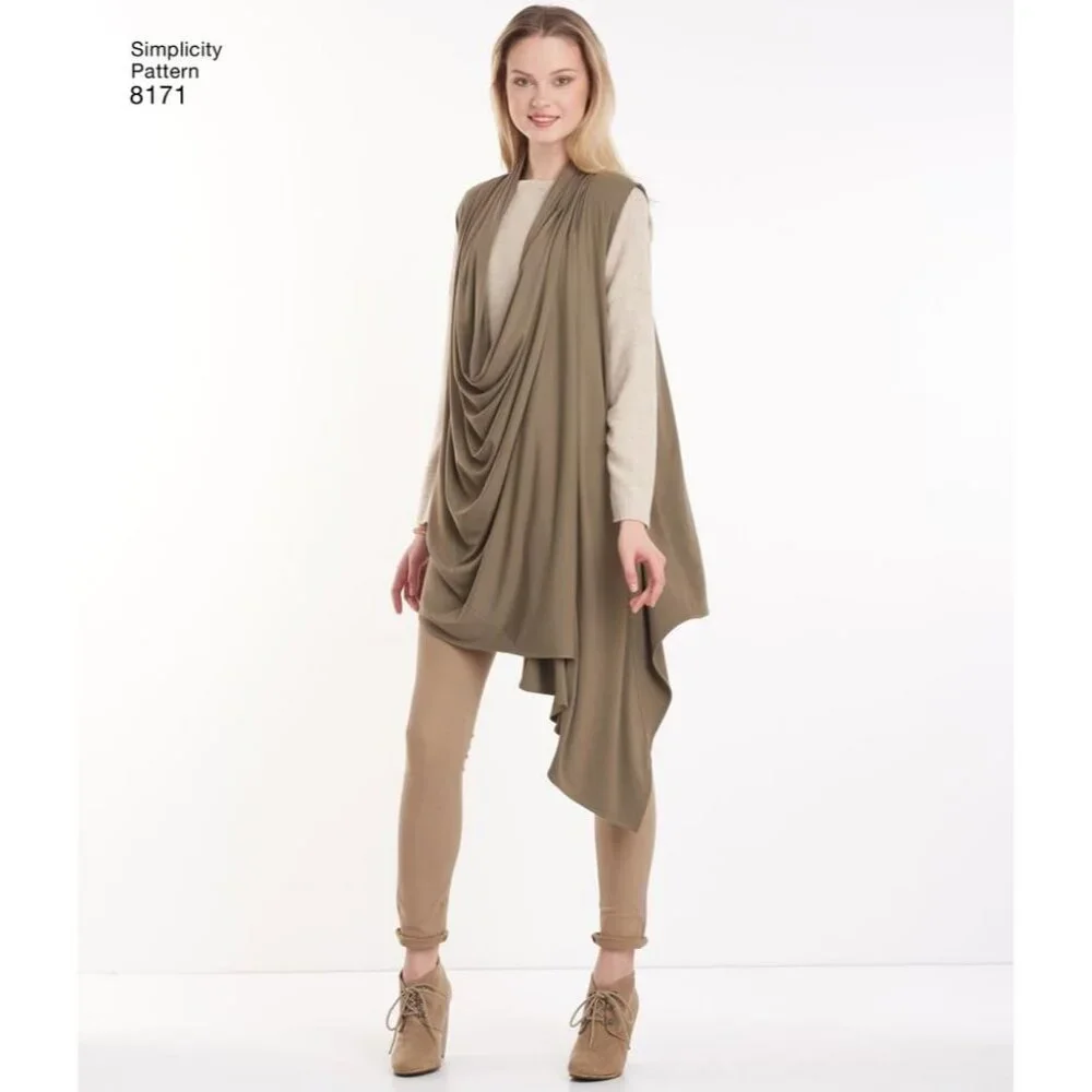 Misses Knit Cardigan Vest Pattern Draped Front Collar Simplicity‎ 8171 XXS-XXL